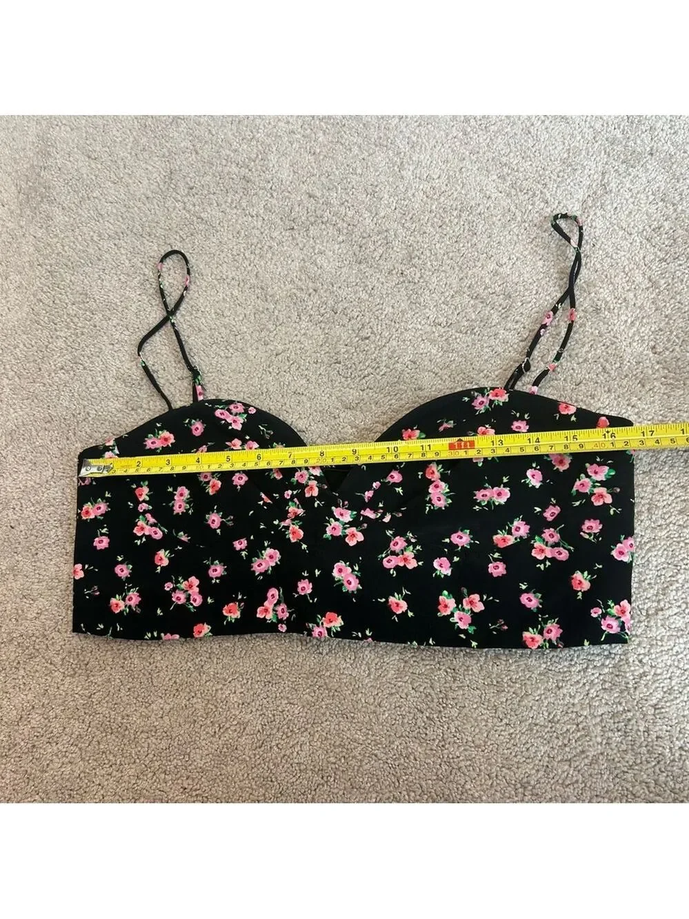 Zara black pink floral flower sweetheart spaghetti strap bustier crop top Sz XL - Picture 7 of 8